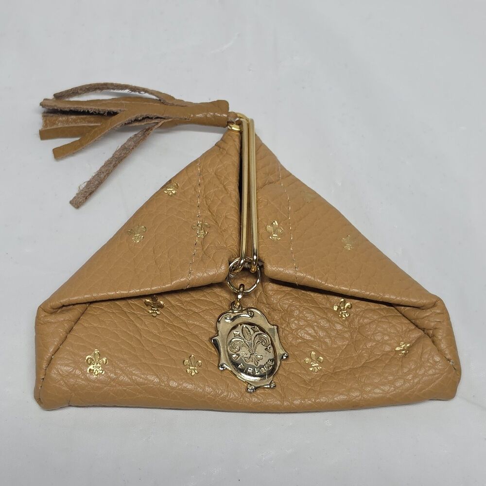 Firenze Tan Gold Fleur De Lis Handcrafted Triangle Coin Purse Pouch Italy As Is